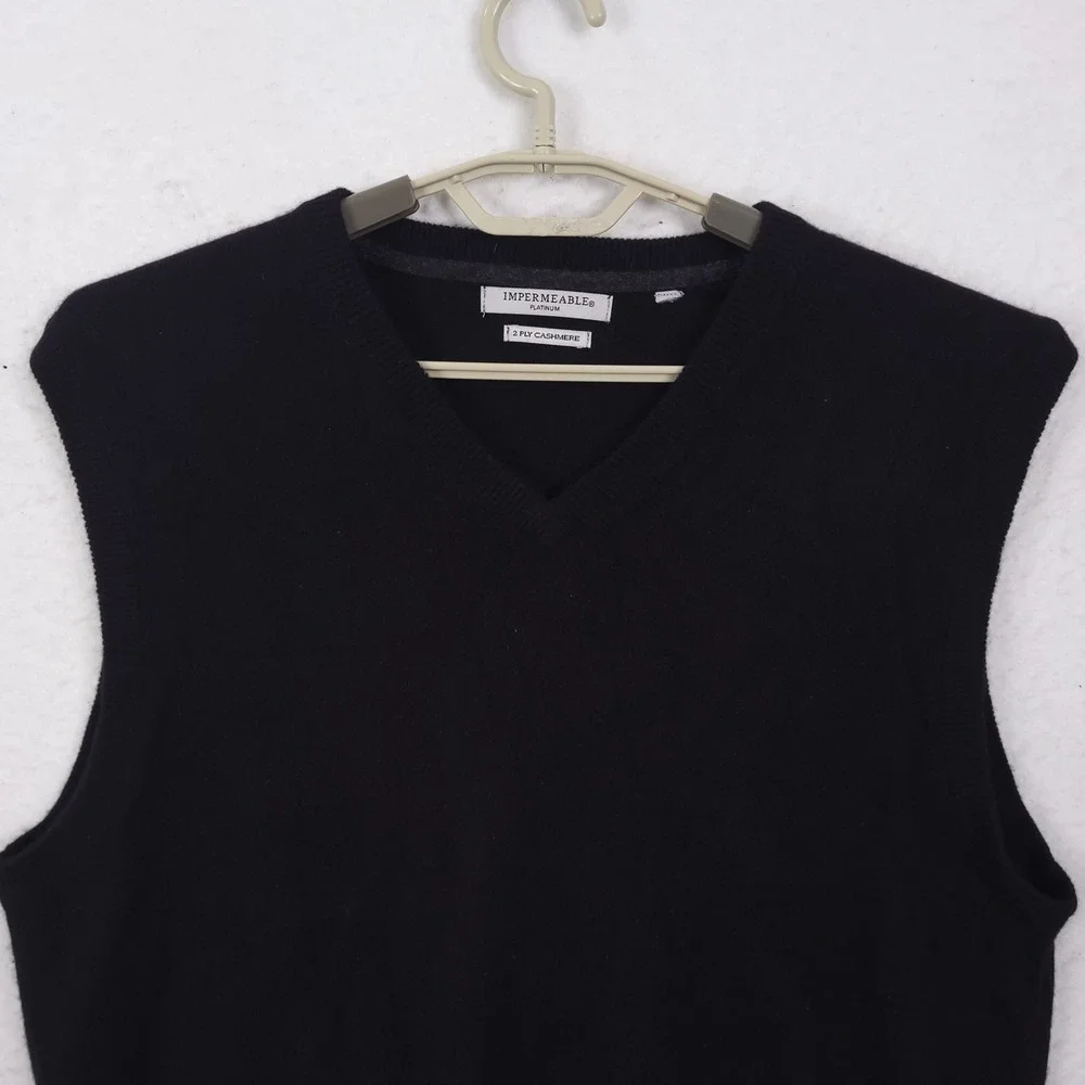Impermeable Platinum Sweater Vest Mens L Black 2 Ply Cashmere V-Neck Luxury